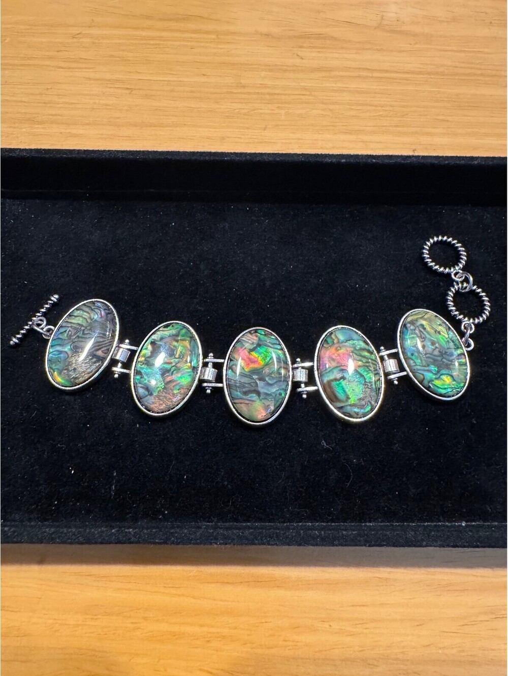 Silver Tone Oval Opal Link Bracelet